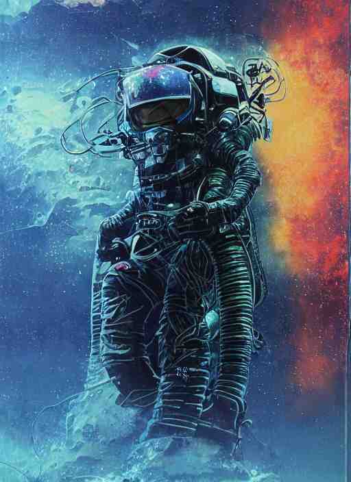 astronaut in dark void underwater - complex and hyperdetailed technical suit design. reflection and dispersion materials. rays and dispersion of light. volumetric light. f / 3 2. noise film photo. flash photography. ultra realistic, 5 0 mm. poster by wayne barlowe, hajime sorayama aaron horkey, craig mullins 