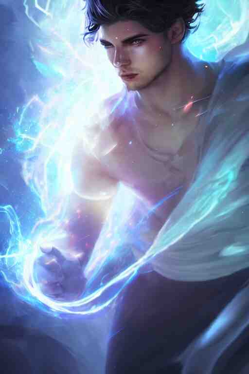 a human elemental sorcerer, blurred environment background, epic magic effects, white skin, medium portrait, male, sharp focus, digital art, concept art, post processed, dynamic lighting, by emylie boivin and rossdraws 