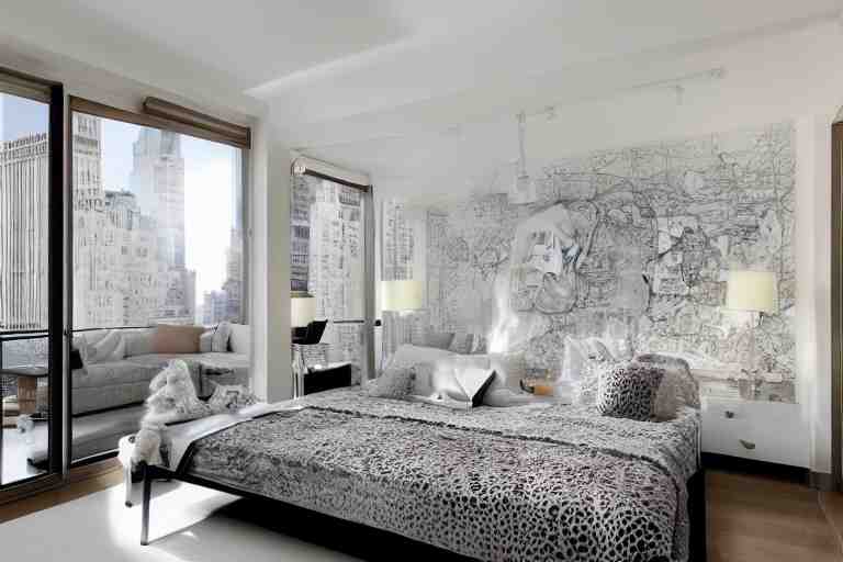 A sunny bedroom, exquisite decoration, all New York Apartments style furniture, polar bear, high tech