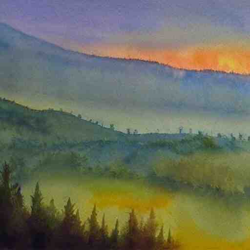 a beautiful watercolor painting of an epic appalachian wilderness at dawn by georgia o'keeffe, wide angle shot, godrays, mystical, deep shadows, epic scale 