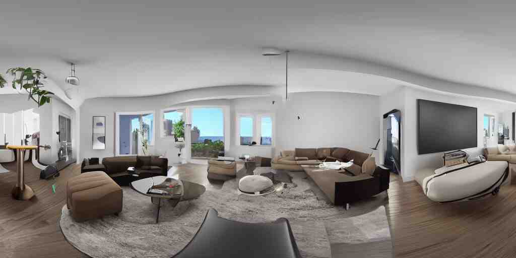 Equirectangular GoPro VR render of a modern living room, natural colors, ambient occlusion, national geographic, 8k uhd