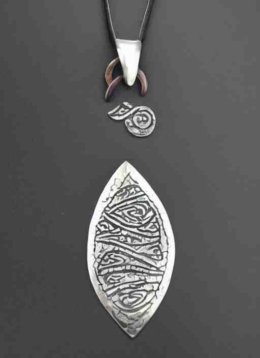 Amulet Of Wave inlaid in silver on a young beautiful woman neck, realistic, clean,