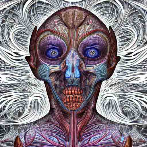 full anterior shot human anatomical render in the style of alex grey, with an ornate fractal background featuring eyes