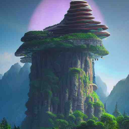 futuristic temple carved into a mountain side, big green trees, colorful clouds, dramatic lighting, artstation, matte painting, raphael lacoste, simon stalenhag, frank lloyd wright 