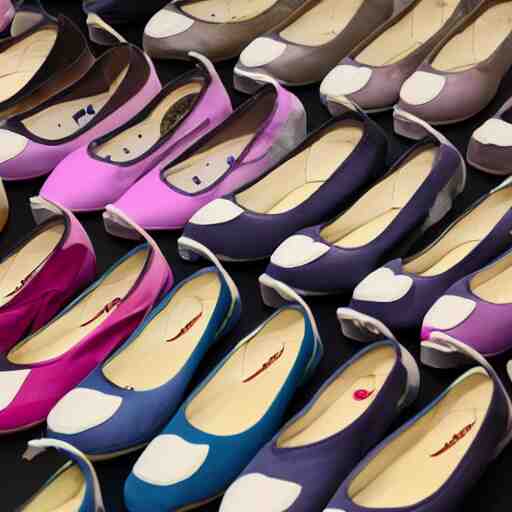 a collection of ballerina shoes,various colors,professional lighting