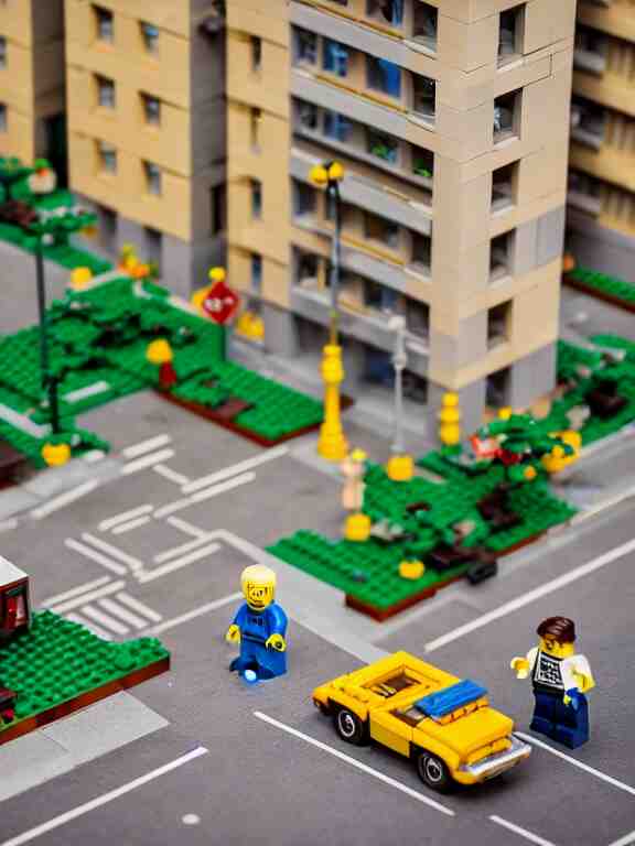 detailed miniature lego diorama a soviet residential building, brutalism architecture, car parking nearby, elderly man passing by, warm and joyful atmosphere, summer, streetlamps, several birches nearby 