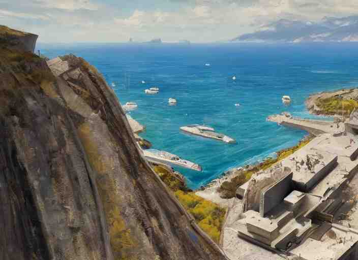 villane brutalist base of James Bond, coastal perched on a cliff overlooking a magnificient bay, concept art oil painting by Jama Jurabaev, extremely detailed, brush hard, artstation