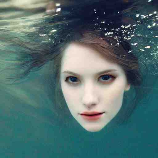 pale face lying under the water, water lilys, cinematic, shallow depth of field, atmospheric, ultra high detail, somber colors, close up of face, trending on artstation 