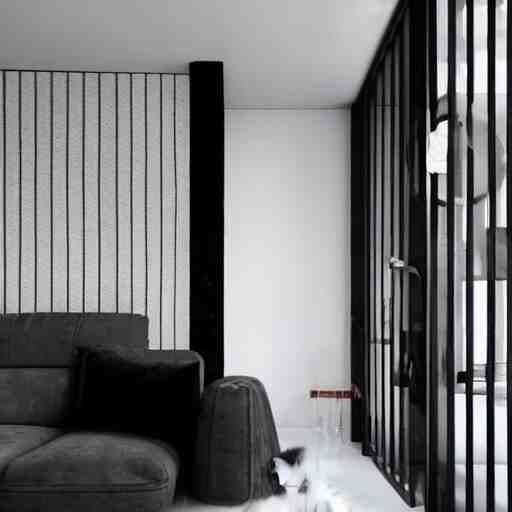 modern minimalist interior design with a fluffy kitten 