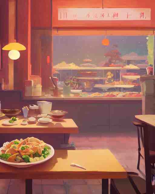 chinese buffet in a homely little restaurant, cory loftis, james gilleard, atey ghailan, makoto shinkai, goro fujita, studio ghibli, rim light, exquisite lighting, clear focus, very coherent, plain background, soft painting 