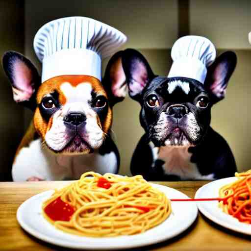 a 8k highly detailed still photo by David Bailey of Two multi-colored French Bulldogs in chef hats and aprons starring on a cooking show, a plate of spaghetti is prepared, a high end restaurant kitchen in the background, bokeh