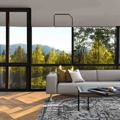 architecture render of a beautiful modern living room with wood floors, large windows with a beautiful view, an area rug, forest, mountains, realistic, hd, 8 k, digital rendering, unreal engine, blender, octane, maya 