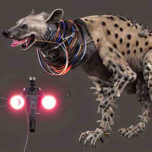 pet robot hyena, cyborg with exposed wires and metal, lights, camera lenses for eyes, realistic high quality concept art 