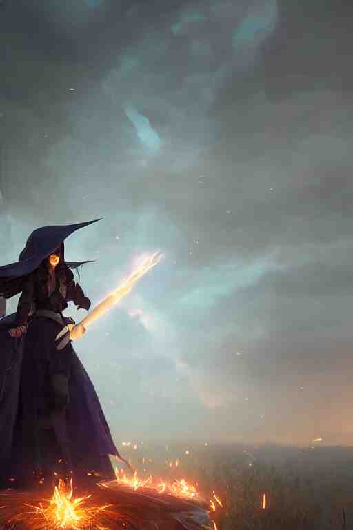 a beautiful dark magician girl with a large witches hat that covers her face by Greg Rutkowski, Sung Choi, Mitchell Mohrhauser, Maciej Kuciara, Johnson Ting, Maxim Verehin, Peter Konig, final fantasy , mythical, 8k photorealistic, cinematic lighting, HD, high details, atmospheric,