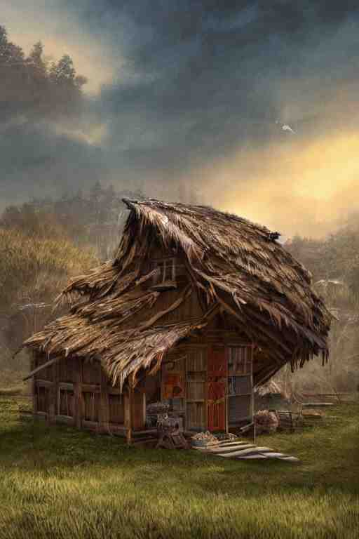 an awesome twilight day concept art of giant hen mixed with old hut, by kengo kuma and wes anderson with village, mixed development, cgsociety, fantastic realism, artstation hq 