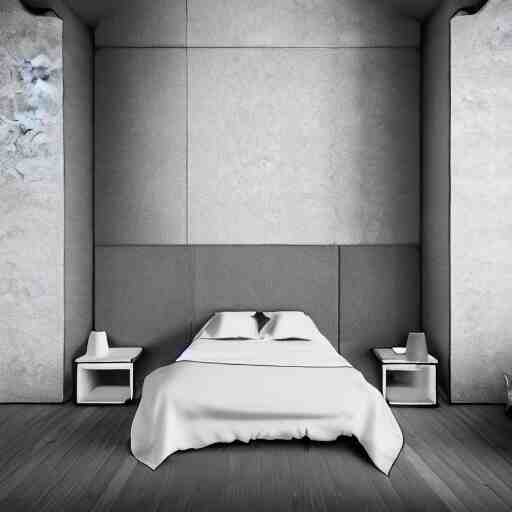 symmetry, parallax mapping of brutalist bedroom, minimalist architecture, minimalist furniture, octane render, high quality 