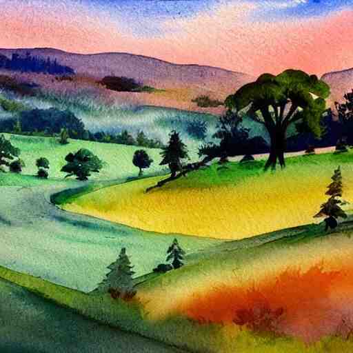 beautiful countryside in watercolor painting 