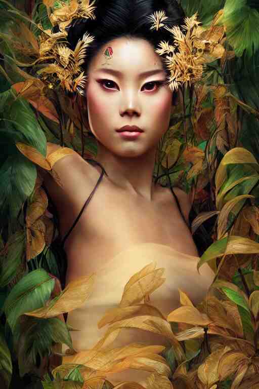 stunningly beautiful, peruvian geisha prima ballerina in jungle, symmetrical face, golden hour, smooth, focus, highly detailed, hyper realistic, dramatic lighting, elegant, intricate, concept art, art by wlop, mars ravelo, greg rutowski, artstation 