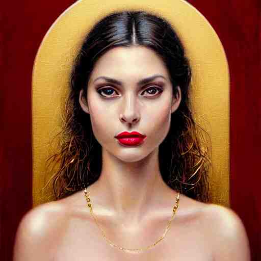 Facial portrait of a gorgeous girl, looking away from the camera, seductive smile, heavy gold jewellery, gold and pearl necklaces, elegant revealing intricate dress, sparkle in eyes, lips slightly parted, long flowing hair, no hands visible, delicate, teasing, arrogant, defiant, bored, mysterious, intricate, extremely detailed painting by Mark Brooks (and by Greg Rutkowski), visible brushstrokes, thick paint visible, no light reflecting off paint, vibrant colors, studio lighting