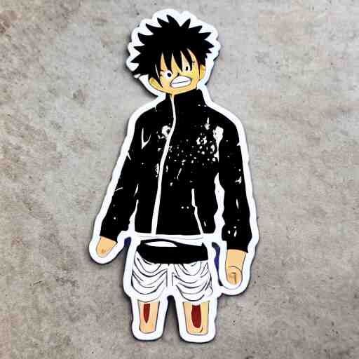 die cut sticker, luffy in techwear, splatter paint 