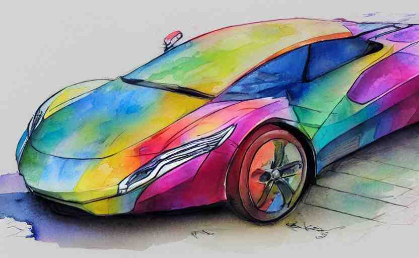 colorful watercolor sketch, sport car 