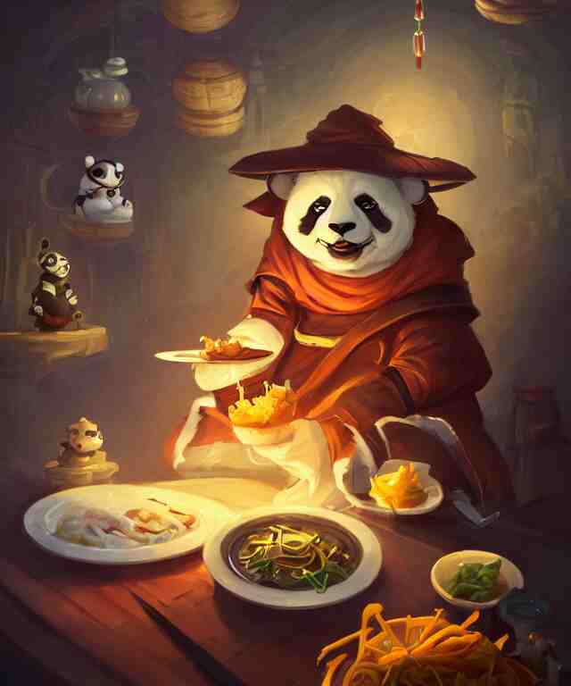 a portrait an anthropomorphic panda mage eating chinese food, wearing mage robes, restaurant in background, cute and adorable, dnd character art portrait, well rendered matte fantasy painting, deviantart artstation, by jason felix by steve argyle by tyler jacobson by peter mohrbacher, cinematic lighting 