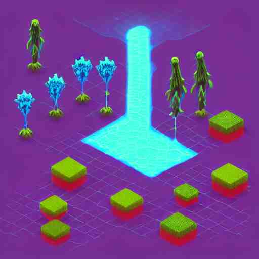 concept 2 d game asset, isometric staircase blocks, organic isometric design, bioluminescent alien - like plants inspired by the james cameron's avatar's alien nature. we can see alien plants glowing in the dark arround the isometric itens has colorful neons cyan, orange mooth median photoshop filter cutout vector behance hd by jesper ejsing, by rhads, makoto shinkai and lois van baarle 