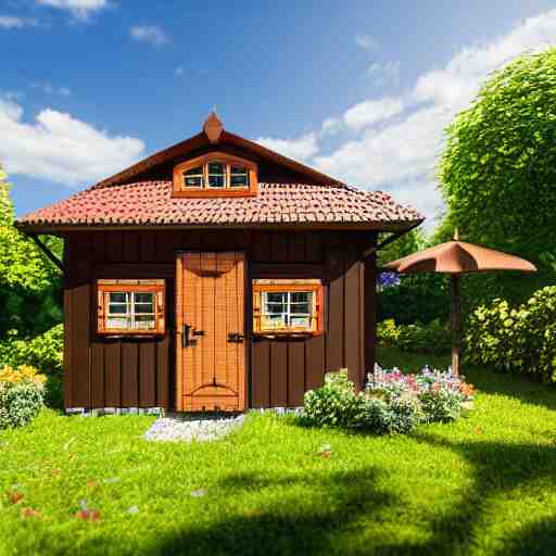 small wooden german garden house, brown, plastic roofed veranda with brown wood side fence, rembrandt style painting, extremely wide angle 