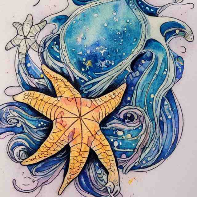 starfish, tattoo design, watercolor, maximalist, high detail 