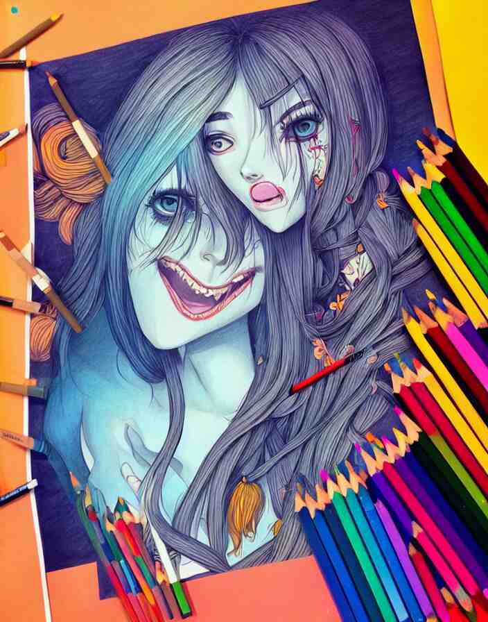 richly detailed color  illustration of a female stupid drawing demented doodles on her school work while in class alone after school, large format image. illustrated by Artgerm. 3D shadowing.