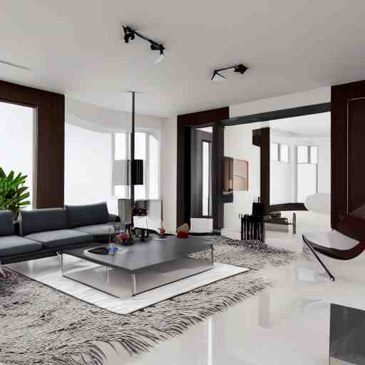 A modern living room with 2 sofas facing each other with a white marble table in the center, on the left side of the living room there is a floor to ceiling glass window while on the right side of the living room there are wooden stairs that lead to the second floor, 8k resolution