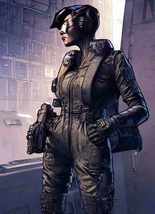 feminist selina. gorgeous female cyberpunk assassin wearing a military vest, and tactical jumpsuit. gorgeous face. realistic proportions. concept art by james gurney and laurie greasley. moody industrial skyline. artstationhq. creative character design for cyberpunk 2 0 7 7. 