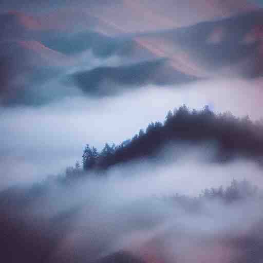 “ aerial view of a mountain, fog on the ground, voxel, vibrant colors ” 