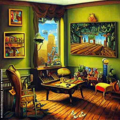 a painting of a living room filled with furniture, a surrealist painting by jacek yerka, cgsociety, fantastic realism, maximalist, surrealist, detailed painting 