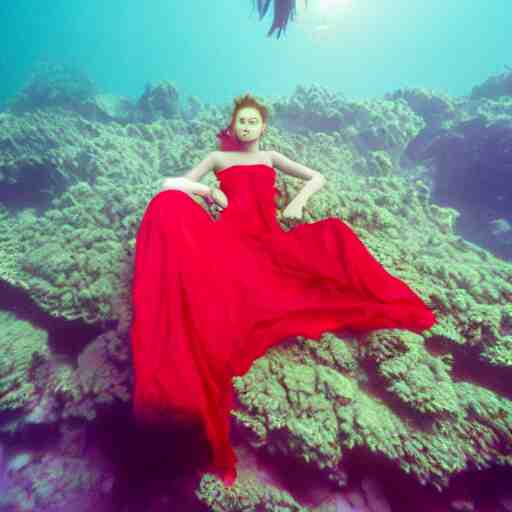 beautiful portrait of fashion model in red silk underwater, 35mm film