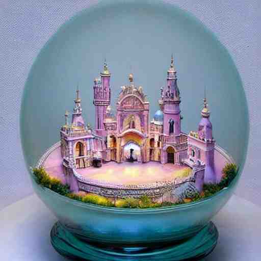 miniature tabletop castle under an ornate glass dome, by paulette tavormina and vermeer, intense pastel colors, hyper realistic, detailed, beautiful bright lighting 