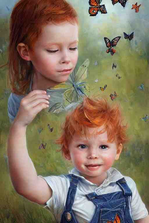 a three year old boy with ginger hair wearing denim overalls chasing butterflies. clean elegant painting, beautiful detailed face, lots of butterflies. by magali villanueve and artgerm and greg rutkowski 