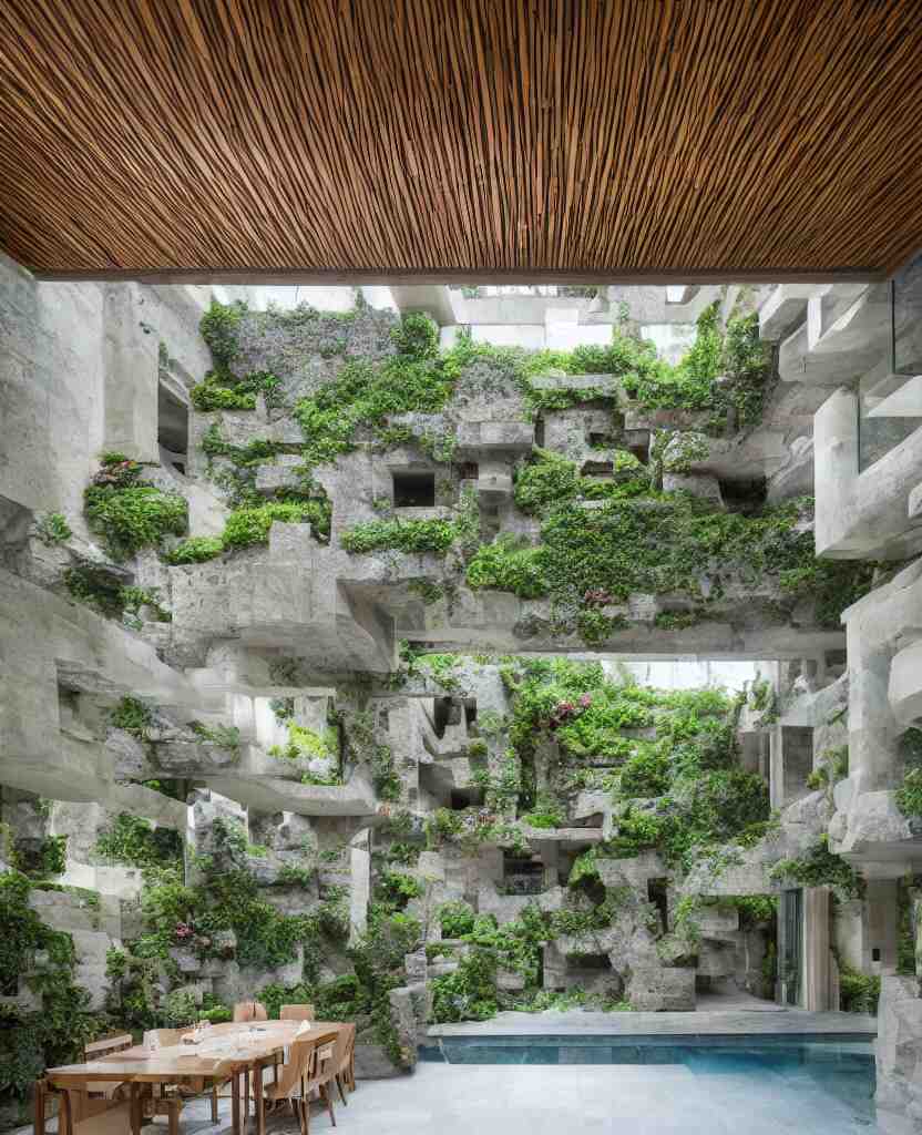 a stunning interior of a split - level villa with a swimming pool, intricately stacked and iteratively interlocked stone blocks in the style of ennis house, extremely coherent, fusion of frank lloyd wright and carlo scarpa, people are sitting at a table eating dinner, plants and moss and ivy growing on the stones, indoor picture, long shot, architectural photography 