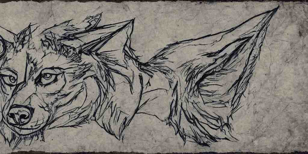 face of a wolf in the style of a medieval fantasy map, mountains, forests.  Skyrim, Lord of the Rings map, Zelda Breath of the Wild map, drawing on parchment