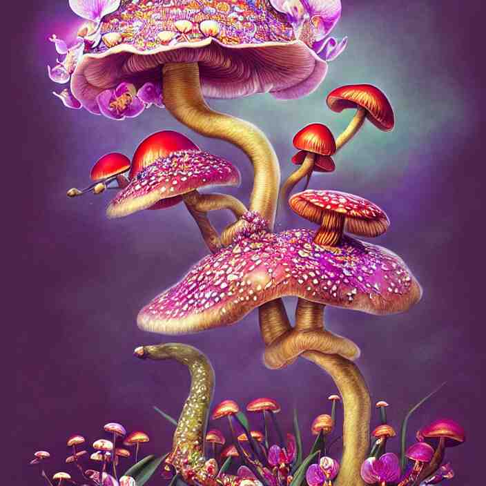 extremely psychedelic animal made of orchid and cherry blossom tree and mushroom, LSD, diffuse lighting, fantasy, intricate, elegant, highly detailed, lifelike, photorealistic, digital painting, artstation, illustration, concept art, smooth, sharp focus, art by John Collier and Albert Aublet and Krenz Cushart and Artem Demura and Alphonse Mucha