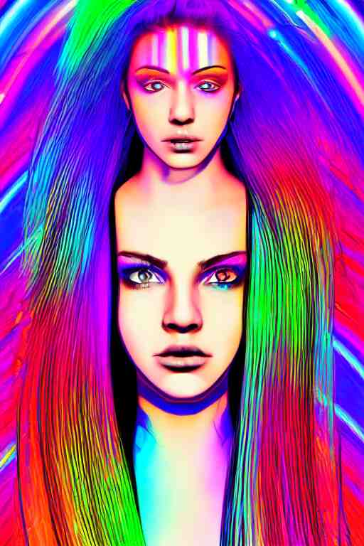 a award winning half body portrait of a beautiful woman with stunning eyes in a croptop and cargo pants with rainbow colored hair, routlined by whirling illuminated neon lines, fine rainbow colored lines swirling in circles, outrun, vaporware, shaded flat illustration, halftone, digital art, trending on artstation, highly detailed, fine detail, intricate 