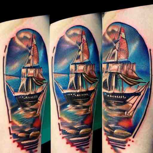 a pirate ship sailing in the sea, realism tattoo design with amazing shades, clean white paper background, in the style of david vega