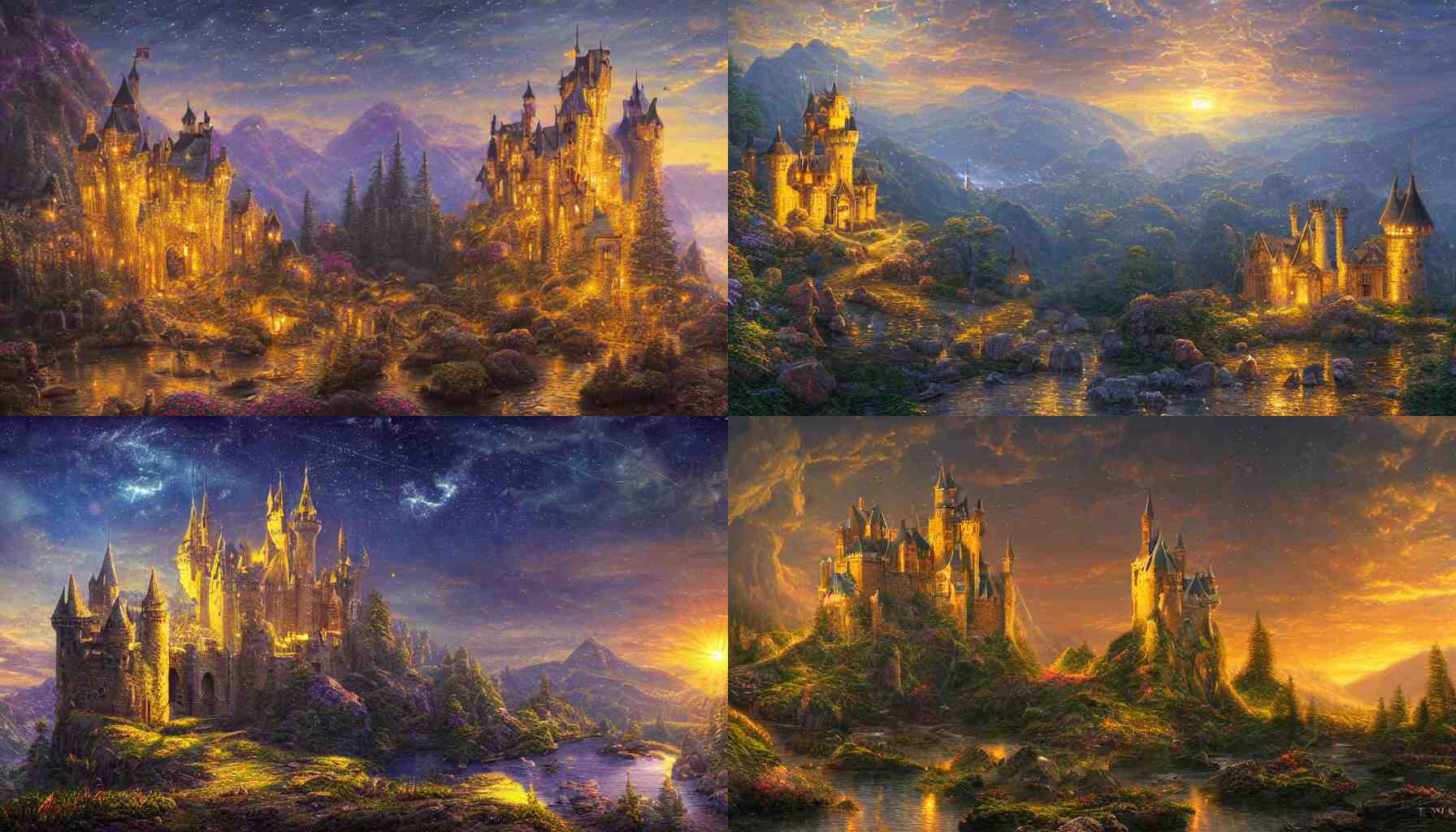 marvellous castle made of crystal and glass in a dark mountain during golden hour, detailed, intricate, glorious lighting, dark sky, stars, masterwork composition, cgsociety, thomas kinkade, strong presence 