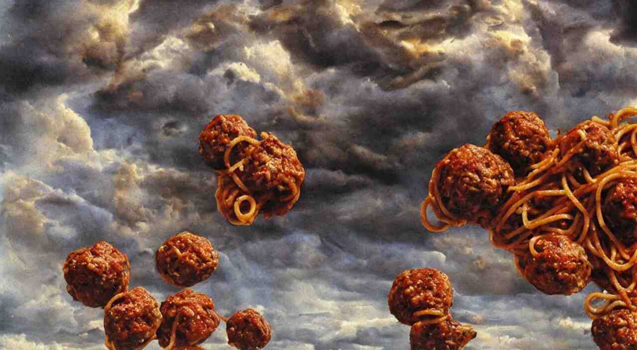 spaghetti bolognesa with meatballs and hundred rusted perfect woman bodies flying in stormy clouds by dali, hyper - realism 