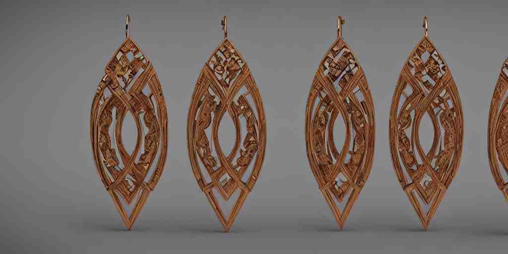 earring design, jewelry design, wood, nordic, art deco, intricate, elegant, material, product design, trending on artstation, cgsociety, photo realistic, design by ziva cph and isabel lennse and kalevala, 8 k, unreal engine, c 4 d 