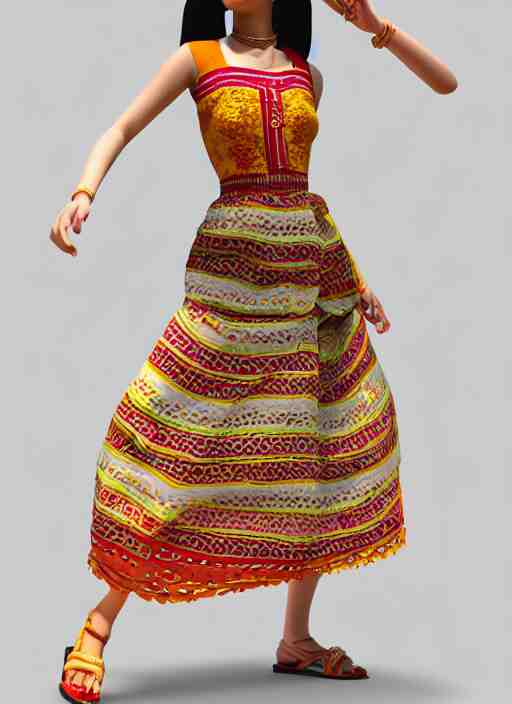 beautiful summer assamese mekehela bihu style floral dress, flirtatious, boho - chic, sleeveless, elegant, short skirt length, slimmer demeanor, plethora of colors ; mini dress ; highly detailed cute face by wlop ; 3 6 0 rotation reference ; octane render, unreal engine 5, trending on artstation, 8 k high resolution, global illumination ray tracing ; symmetrical, cinematic, high coherence, hdr fabric textures 