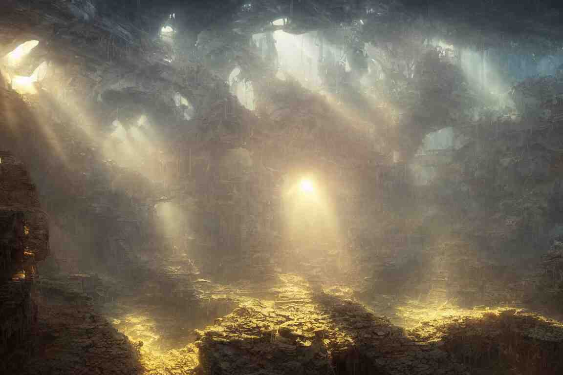 sunbeams shining through underwater city ruins, oil painting, concept art, filip hodas, john howe, mike winkelmann, jessica rossier, andreas rocha, bruce pennington, 4 k, 