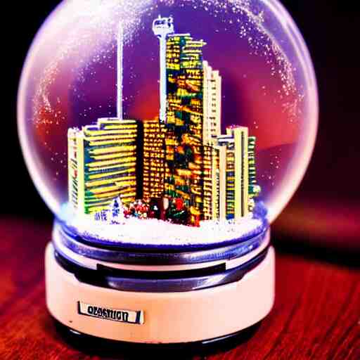 snowglobe of a lofi vaporwave city