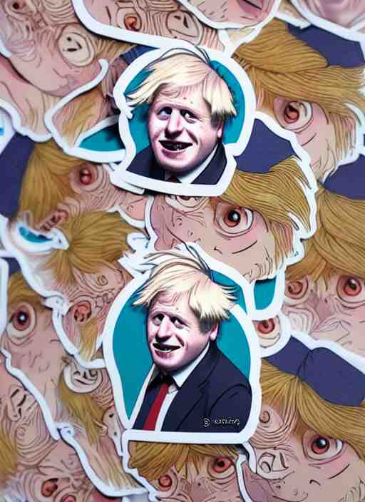 cute boris johnson sticker design, natural lighting, path traced, highly detailed, high quality, digital painting, by don bluth and ross tran and studio ghibli and alphonse mucha, artgerm 