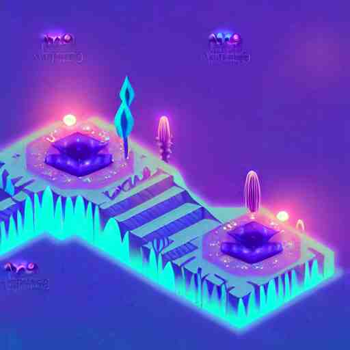 mobile game asset, isometric staircase, crystals, organic low poly vector design, bioluminescent alien - like plants of pandora, aesthetic of avatar's alien nature. we can see alien plants glowing in the dark arround the isometric itens in dark place cyan, orange smooth glow night photoshop filter low poly behance hd 